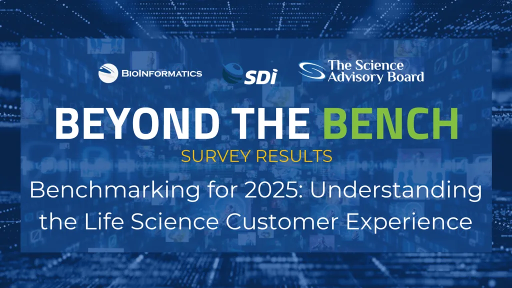 A digital-themed graphic with a blue background featuring small, faint images of people and scientific icons. At the top are logos for Bioinformatics, SDi, and The Science Advisory Board. The main text reads “BEYOND THE BENCH” with “BENCH” highlighted in green. Below that is the subtitle “SURVEY RESULTS” in yellow, followed by the description “Benchmarking for 2025: Understanding the Life Science Customer Experience” in white text.
